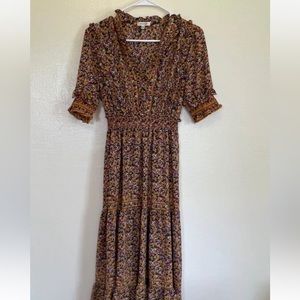 NWOT MaxStudio Ruffle Floral Maxi Dress Women's S Yellow Orange Smocked Waist